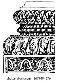 Corinthian Base, from the Temple of Concord, the three principal classical orders of ancient Greek, followed by the Ionic order, vintage line drawing or engraving illustration.