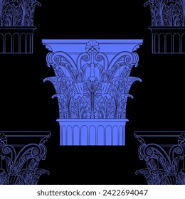 Corinthian blue capital. Vector seamless flat pattern. Linear image. Black background.