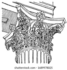 Corinthian Capital, from the Temple of Mars, the  Roman architecture,  its offshoot the Composite, vintage line drawing or engraving illustration.