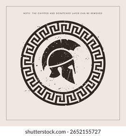 Corinthian helmet in a round ornamental frame. A layer with cracks and chips can be removed