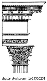 Corinthian Order, Temple of Castor and Pollux, an ancient temple in the Roman Forum, for victory at the Battle of Lake Regillus, vintage line drawing or engraving illustration.