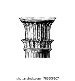 Corinthian order. Vector hand drawn illustration of classical capital. Illustration in vintage engraving style.