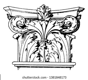 Corinthian Pilaster Capital, encircled with artificial leaves, spiral scroll like ornaments, an Italian Renaissance design, vintage line drawing or engraving illustration.