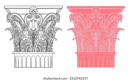 Capital blanca corintiana. Ilustración vectorial. Antecedentes arquitectónicos. Imagen lineal. Ilustración vectorial editable.    