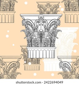 Corinthian white capital. Vector seamless flat pattern. Linear image. Light brown background.