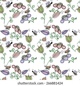 Cork background of flowers, leaves, bees and ladybugs