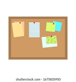 Cork board with attached sheets of paper on it. Bulletin board. Board for notes. Vector illustration. Stock Photo.