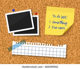 Cork board with blank torn paper piece, photos and to do list with curl corner. Realistic vector illustration