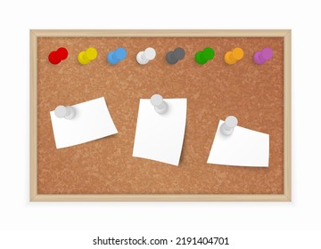 Cork Board with different pushpins and pinned notes, vector Bulletin Board in wooden frame. Vector illustration.