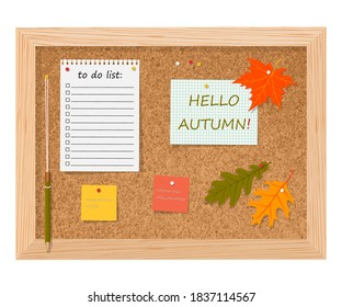 Cork board with to do list, adhesive notes and push pins. Hello, Autumn! Vector illustration