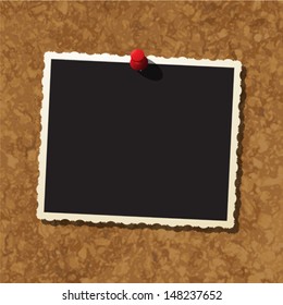 Cork board with instant photo frame and push pin, vector template