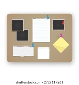 Korktafel-Modell mit verschiedenen Papiernoten und Fotorahmen mit bunten Pushpins. Das Set besteht aus einem zerrissenen Stück Notebook-Papier, Platzhaltern für leere Fotos, perfekt für Visionboards, Organisationsplaner und Layouts für kreative Aufgabenverwaltung