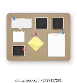 Korktafel-Modell mit verschiedenen Papiernoten und Fotorahmen mit bunten Pushpins. Das Set besteht aus einem zerrissenen Stück Notebook-Papier, Platzhaltern für leere Fotos, perfekt für Visionboards, Organisationsplaner und Layouts für kreative Aufgabenverwaltung