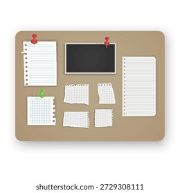 Korktafel-Modell mit verschiedenen Papiernoten und Fotorahmen mit bunten Pushpins. Das Set besteht aus einem zerrissenen Stück Notebook-Papier, Platzhaltern für leere Fotos, perfekt für Visionboards, Organisationsplaner und Layouts für kreative Aufgabenverwaltung