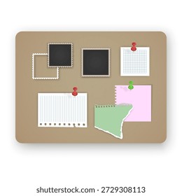 Korktafel-Modell mit verschiedenen Papiernoten und Fotorahmen mit bunten Pushpins. Das Set besteht aus einem zerrissenen Stück Notebook-Papier, Platzhaltern für leere Fotos, perfekt für Visionboards, Organisationsplaner und Layouts für kreative Aufgabenverwaltung