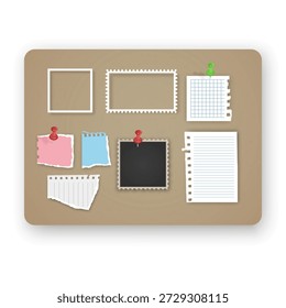 Korktafel-Modell mit verschiedenen Papiernoten und Fotorahmen mit bunten Pushpins. Das Set besteht aus einem zerrissenen Stück Notebook-Papier, Platzhaltern für leere Fotos, perfekt für Visionboards, Organisationsplaner und Layouts für kreative Aufgabenverwaltung