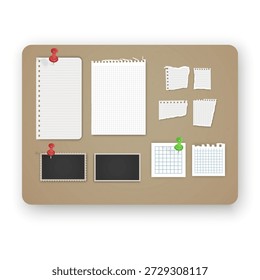 Korktafel-Modell mit verschiedenen Papiernoten und Fotorahmen mit bunten Pushpins. Das Set besteht aus einem zerrissenen Stück Notebook-Papier, Platzhaltern für leere Fotos, perfekt für Visionboards, Organisationsplaner und Layouts für kreative Aufgabenverwaltung