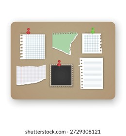 Korktafel-Modell mit verschiedenen Papiernoten und Fotorahmen mit bunten Pushpins. Das Set besteht aus einem zerrissenen Stück Notebook-Papier, Platzhaltern für leere Fotos, perfekt für Visionboards, Organisationsplaner und Layouts für kreative Aufgabenverwaltung