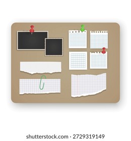 Korktafel-Modell mit verschiedenen Papiernoten und Fotorahmen mit bunten Pushpins. Das Set besteht aus einem zerrissenen Stück Notebook-Papier, Platzhaltern für leere Fotos, perfekt für Visionboards, Organisationsplaner und Layouts für kreative Aufgabenverwaltung