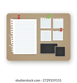 Korktafel-Modell mit verschiedenen Papiernoten und Fotorahmen mit bunten Pushpins. Das Set besteht aus einem zerrissenen Stück Notebook-Papier, Platzhaltern für leere Fotos, perfekt für Visionboards, Organisationsplaner und Layouts für kreative Aufgabenverwaltung