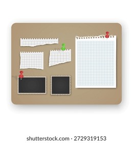 Korktafel-Modell mit verschiedenen Papiernoten und Fotorahmen mit bunten Pushpins. Das Set besteht aus einem zerrissenen Stück Notebook-Papier, Platzhaltern für leere Fotos, perfekt für Visionboards, Organisationsplaner und Layouts für kreative Aufgabenverwaltung