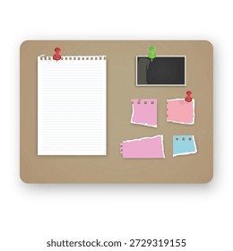 Korktafel-Modell mit verschiedenen Papiernoten und Fotorahmen mit bunten Pushpins. Das Set besteht aus einem zerrissenen Stück Notebook-Papier, Platzhaltern für leere Fotos, perfekt für Visionboards, Organisationsplaner und Layouts für kreative Aufgabenverwaltung
