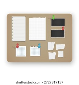 Korktafel-Modell mit verschiedenen Papiernoten und Fotorahmen mit bunten Pushpins. Das Set besteht aus einem zerrissenen Stück Notebook-Papier, Platzhaltern für leere Fotos, perfekt für Visionboards, Organisationsplaner und Layouts für kreative Aufgabenverwaltung