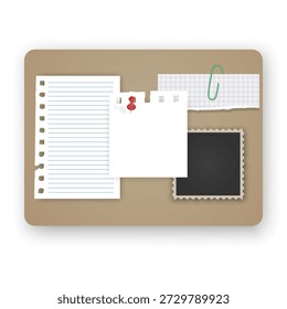 Korktafel-Modell mit verschiedenen Papiernoten und Fotorahmen mit bunten Pushpins. Das Set besteht aus einem zerrissenen Stück Notebook-Papier, Platzhaltern für leere Fotos, perfekt für Visionboards, Organisationsplaner und Layouts für kreative Aufgabenverwaltung