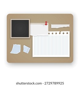 Korktafel-Modell mit verschiedenen Papiernoten und Fotorahmen mit bunten Pushpins. Das Set besteht aus einem zerrissenen Stück Notebook-Papier, Platzhaltern für leere Fotos, perfekt für Visionboards, Organisationsplaner und Layouts für kreative Aufgabenverwaltung