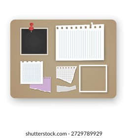 Korktafel-Modell mit verschiedenen Papiernoten und Fotorahmen mit bunten Pushpins. Das Set besteht aus einem zerrissenen Stück Notebook-Papier, Platzhaltern für leere Fotos, perfekt für Visionboards, Organisationsplaner und Layouts für kreative Aufgabenverwaltung