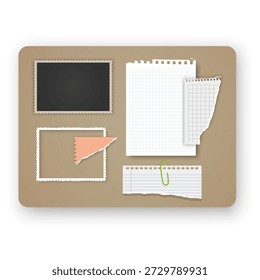 Korktafel-Modell mit verschiedenen Papiernoten und Fotorahmen mit bunten Pushpins. Das Set besteht aus einem zerrissenen Stück Notebook-Papier, Platzhaltern für leere Fotos, perfekt für Visionboards, Organisationsplaner und Layouts für kreative Aufgabenverwaltung