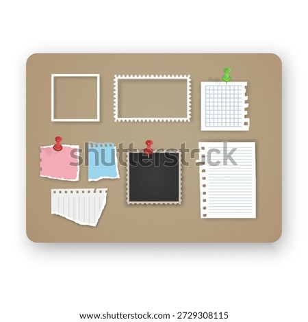 Cork board mockup with various paper notes and photo frames pinned with colorful pushpins. The set includes a torn piece of notebook paper, blank photo placeholders, perfect for vision boards, organizational planners, and creative task management layouts