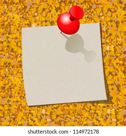 Cork board with note page and pin.Vector illustration.