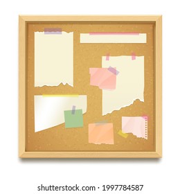 Cork board or noticeboard background with pieces of paper or stickers. Vector realistic corkboard mockup for messages or notes. Office or home pinboard template for task posts and notifications.