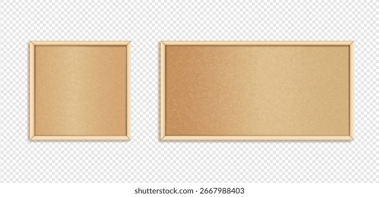 Tablero de corcho. Tablero de anuncios con textura de corcho en marco de madera cuadrado y rectangular. Tablero de corcho, tablero de alfiler en blanco con textura de grano marrón para anuncio escolar u oficina. Conjunto de Vector 3d realista