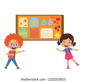 Cork board with paper notes and children picture