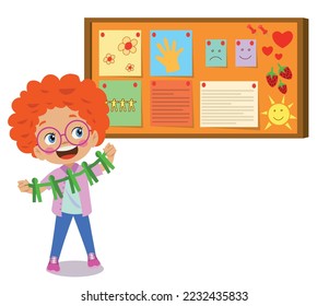 Cork board with paper notes and children picture
