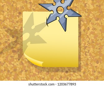 cork board, paper sticker, shuriken 