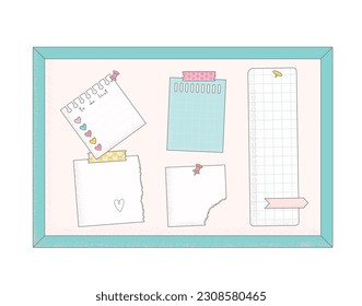 Papeles de tablero de corcho, para hacer listas, notas, pasadores, luces. Tabla de estado de ánimo azul de la ilustración vectorial plana.