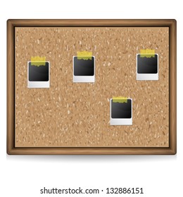 A cork board with photos