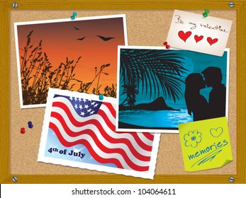 Cork Board With Photos, Postcard, Notes, Valentine Card And Pushpins - Vector Illustration