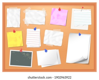 Cork board with pinned notes. Vector pin memo for office note, corkboard to reminder post message illustration