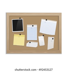 Cork board with pinned paper notepad sheets realistic vector illustration. vector illustration board for notes.