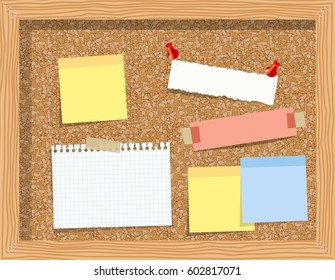 Cork board with pinned paper notepad sheets realistic vector illustration. vector illustration board for notes. A noteboard made of cork with some pins and blank papers