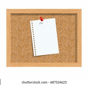 Cork board with pinned paper notepad sheets realistic vector illustration. vector illustration board for notes. A noteboard made of cork with some pin and blank paper