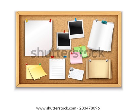 Cork board with pinned paper notepad sheets and photos realistic vector illustration