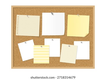 Tablero de corcho con Vector de notas de papel fijado para memo, mensaje y diseño de oficina