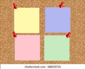 Cork board  with sheets of paper for notes. Vector background.