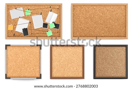 Cork board surfaces in rectangular and square formats. Vector battens with pinned paper notes attached with push pins. Office organization boards for planning, reminders and idea visualization