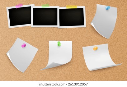 Cork board texture background with pinned blank instant photo frames, curled paper notes, colorful push pins. Bulletin board for announcements, reminders, messages. Corkboard space to add pictures.